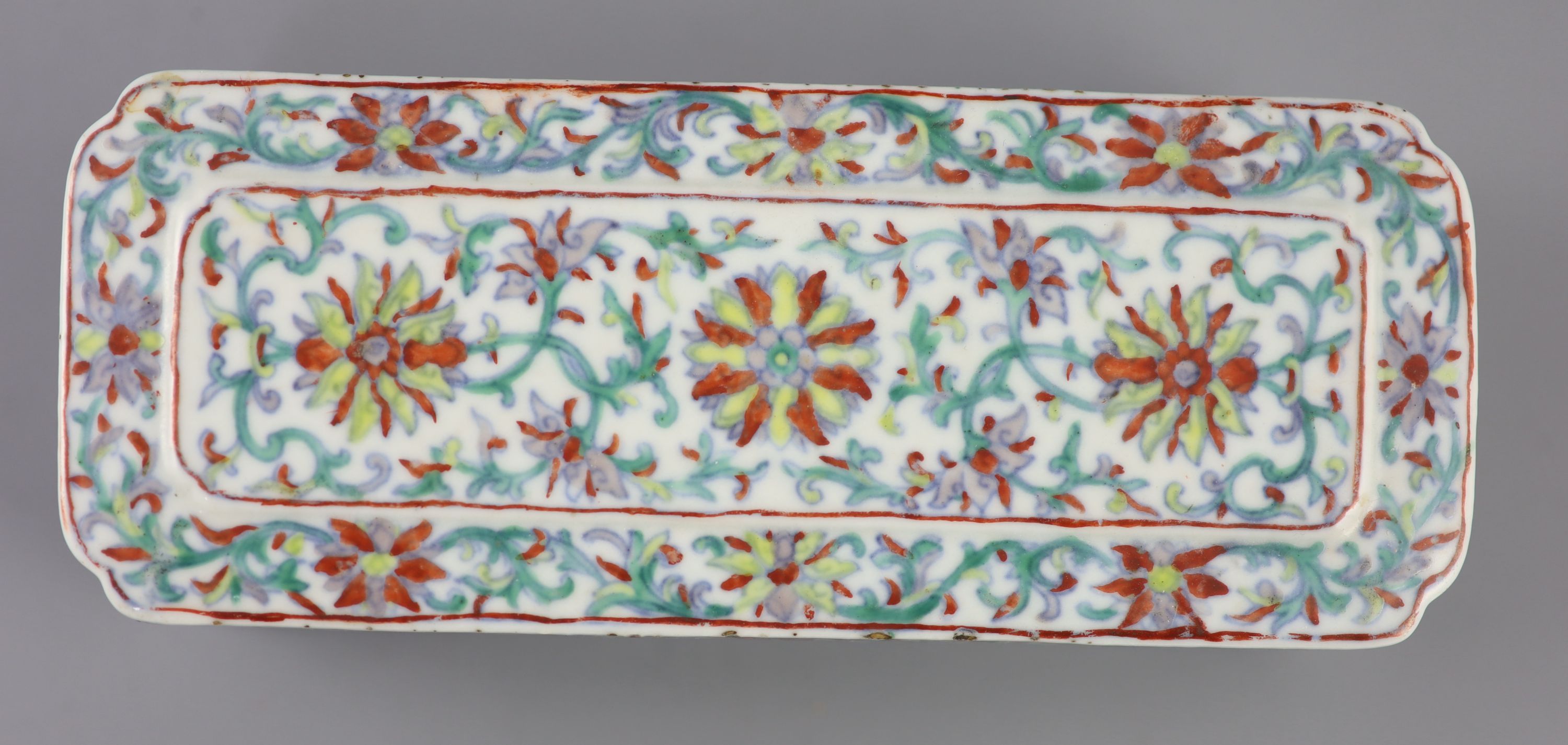 A unusual Chinese doucai scribes box, Qing dynasty, 18cm long